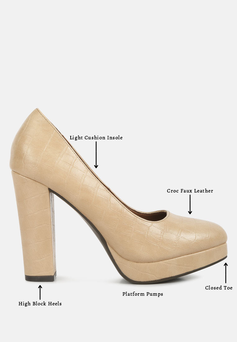 women croc texture high block heel pumps#color_beige