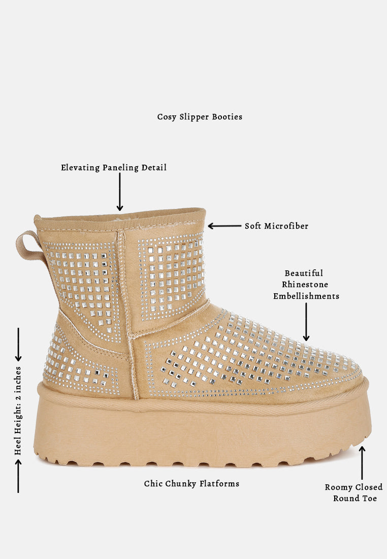 women chunky rhinestones ankle boots#color_beige