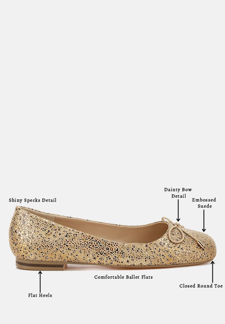 women bow detail embossed suede ballerinas#color_gold