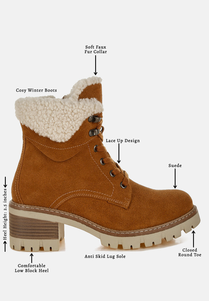 women fur collar chunky ankle boots#color_tan