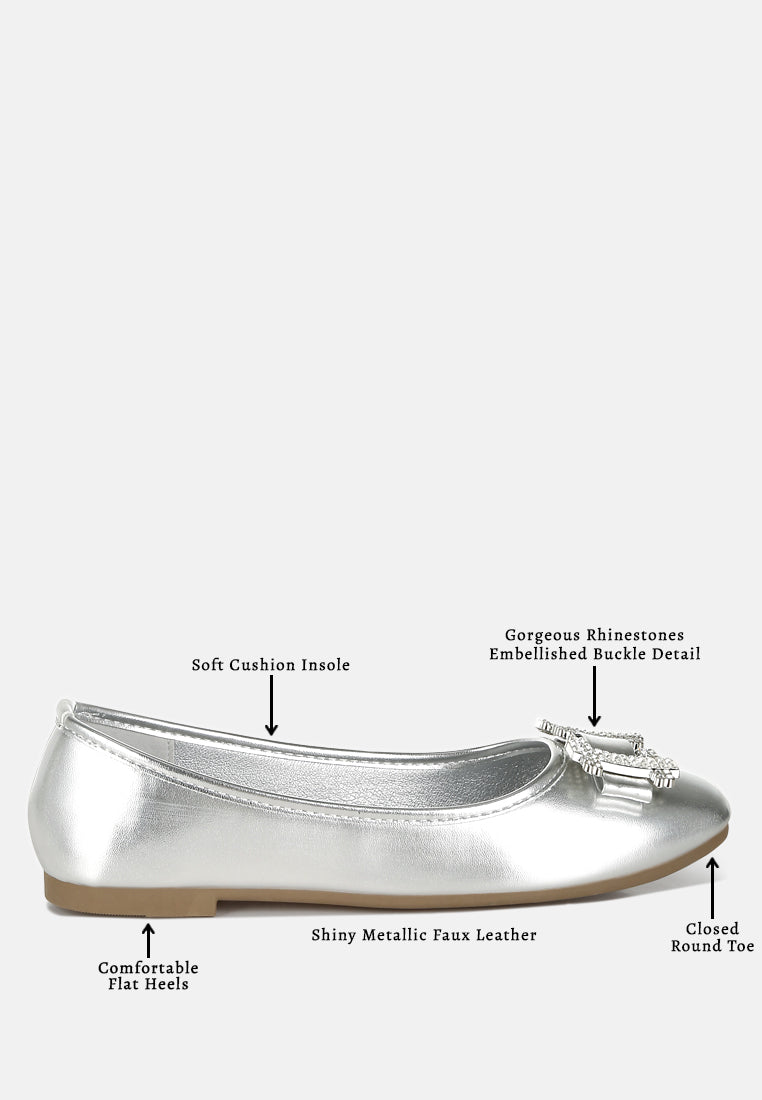 women rhinestone buckle metallic ballerinas#color_silver
