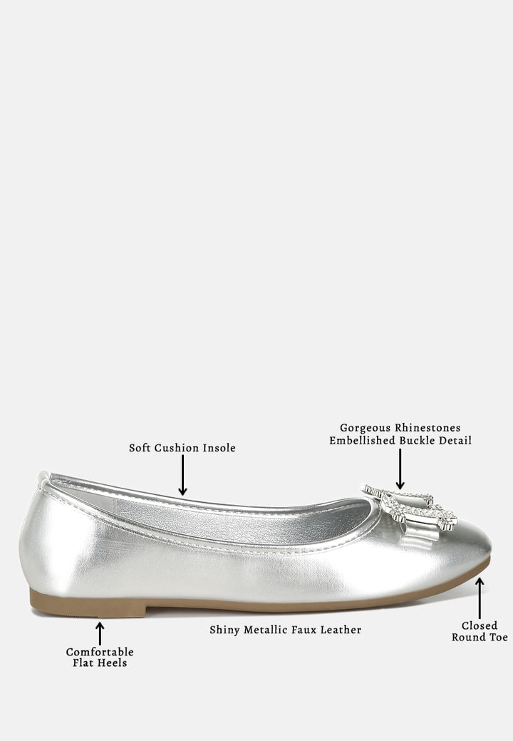 women rhinestone buckle metallic ballerinas#color_silver