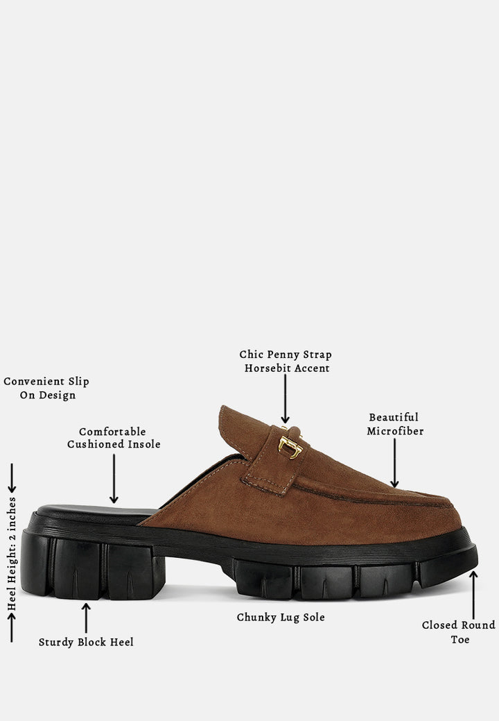 women microfiber penny strap mules#color_tan