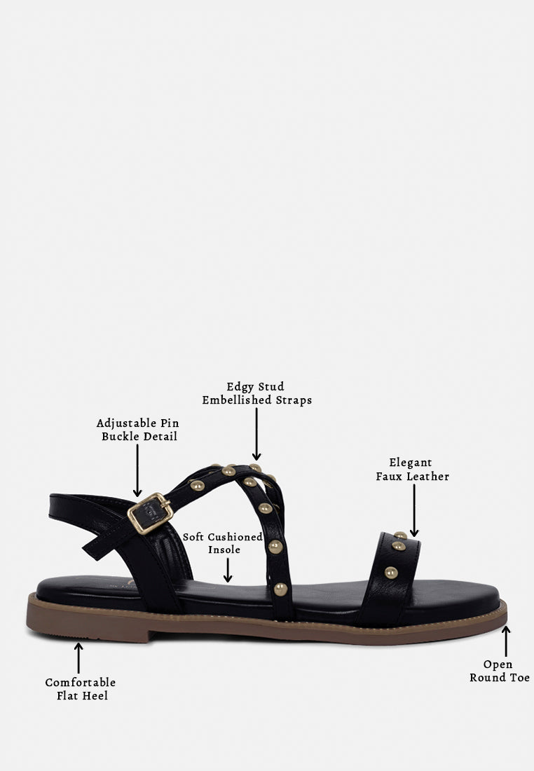 stud embellished strappy flats#color_black