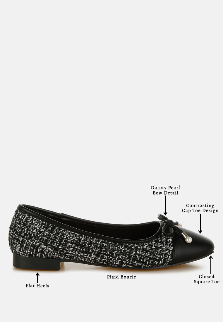 Women Boucle Pearl Bow Ballerinas