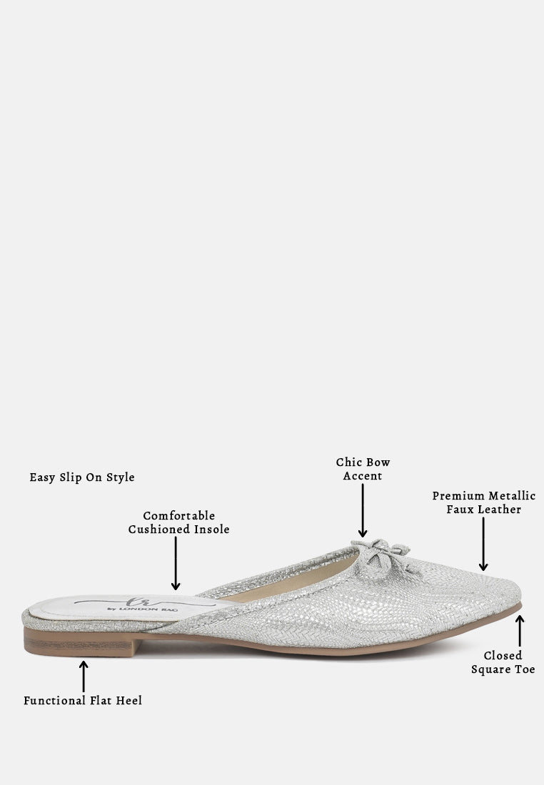 women bow detail metallic mules#color_silver