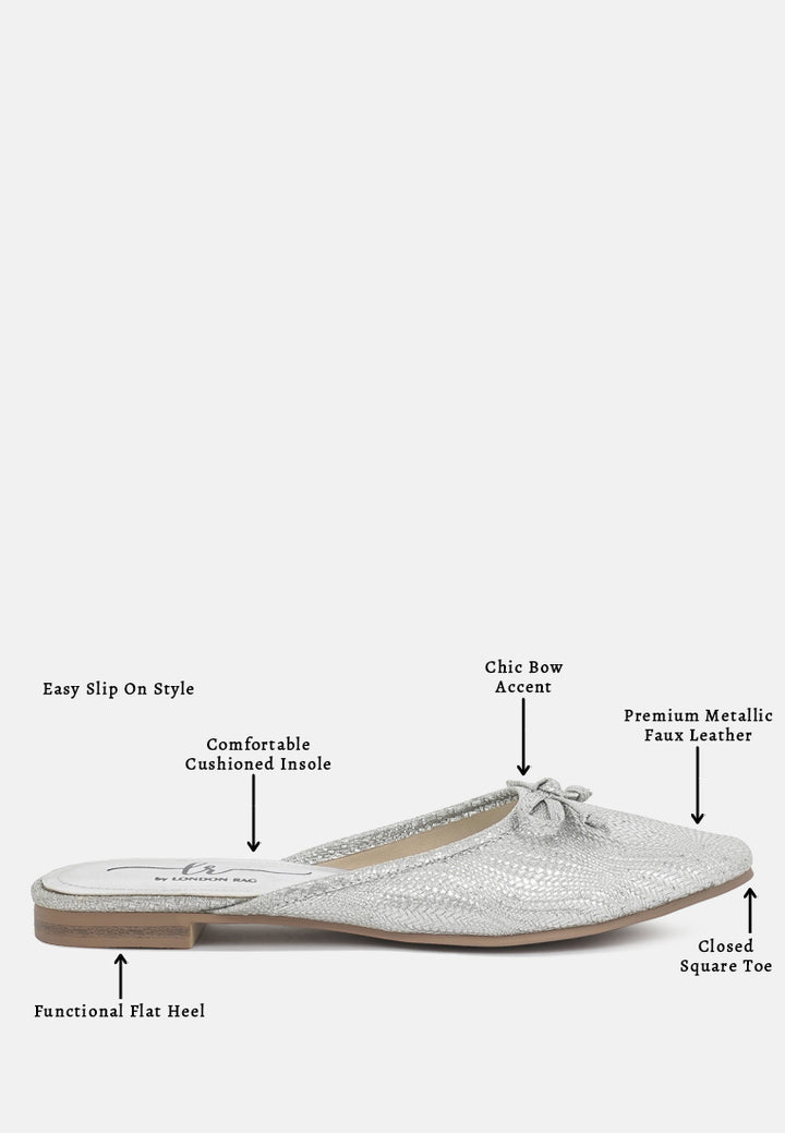 women bow detail metallic mules#color_silver