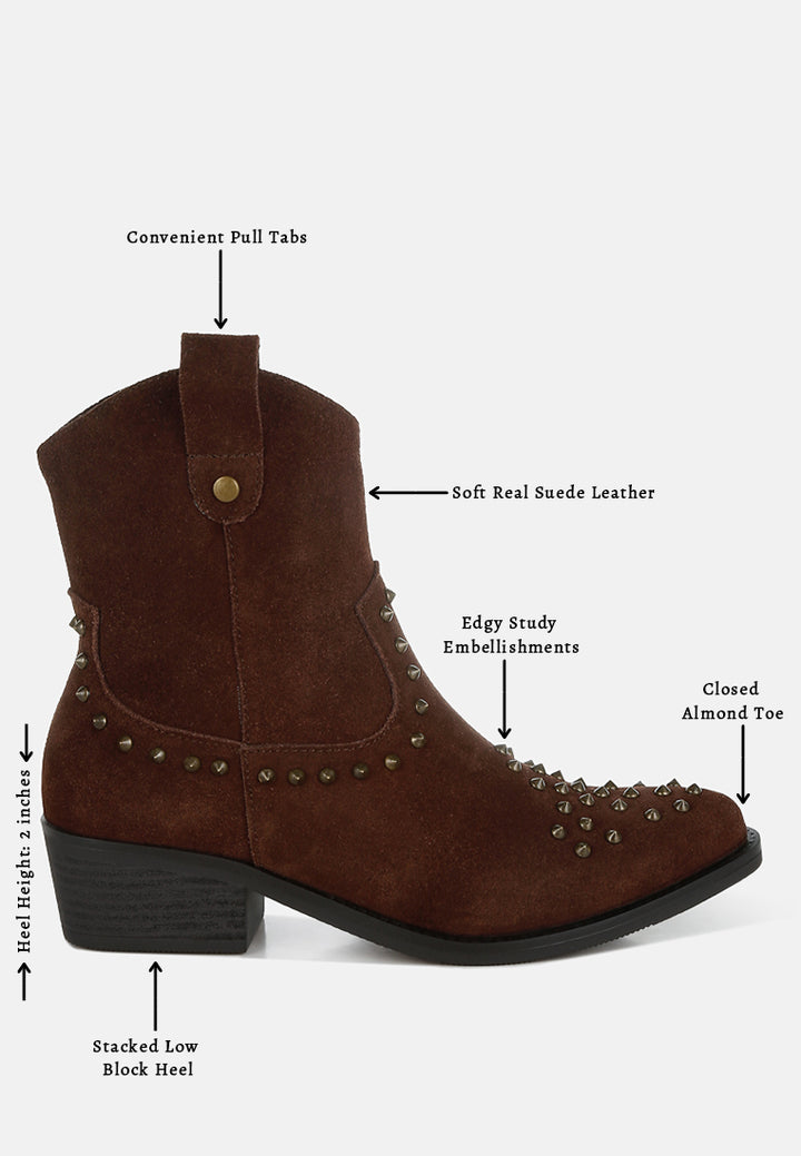 women embellished studs cowboy boots#color_brown