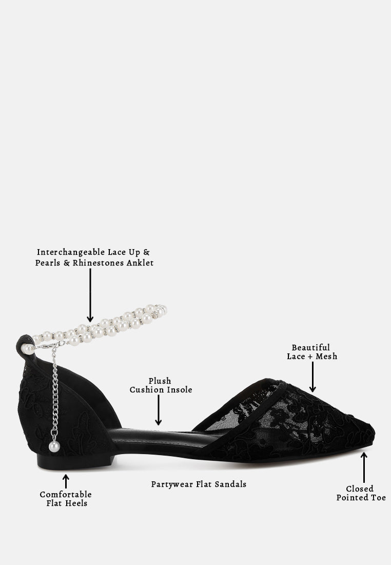 women pearl & rhinestone strap flat sandals#color_black