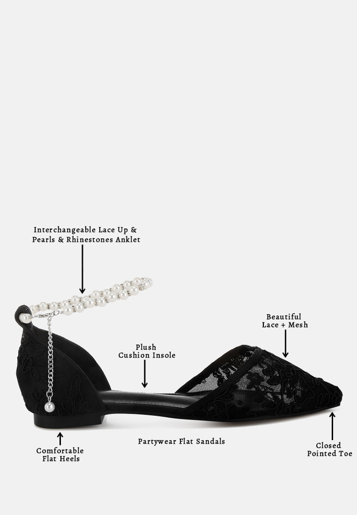 women pearl & rhinestone strap flat sandals#color_black