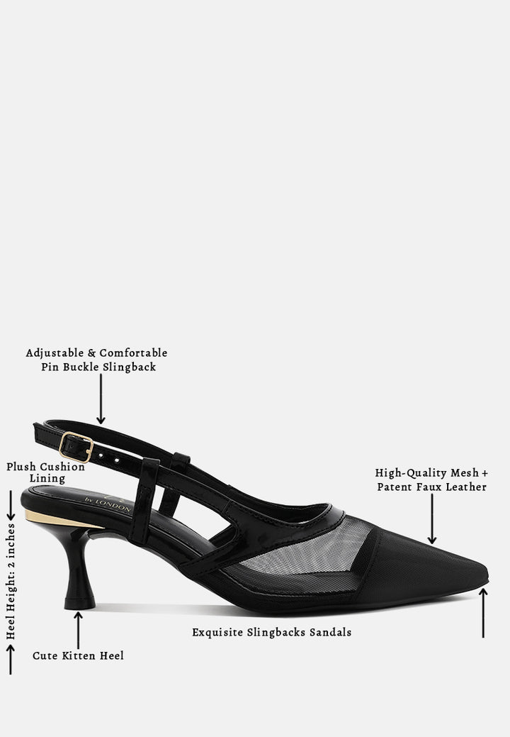 women pointy toe kitten heel slingbacks#color_black