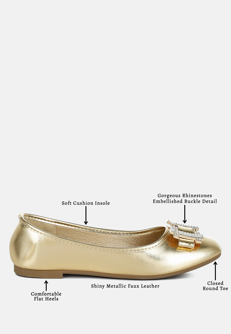 women rhinestone buckle metallic ballerinas#color_gold