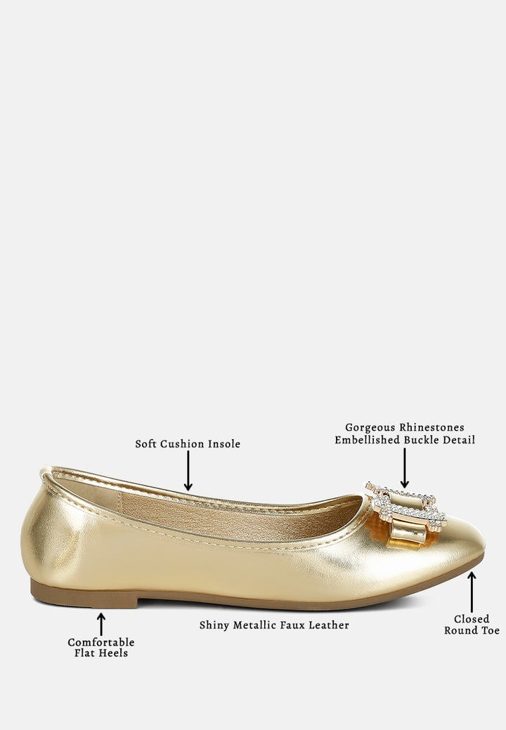 women rhinestone buckle metallic ballerinas#color_gold