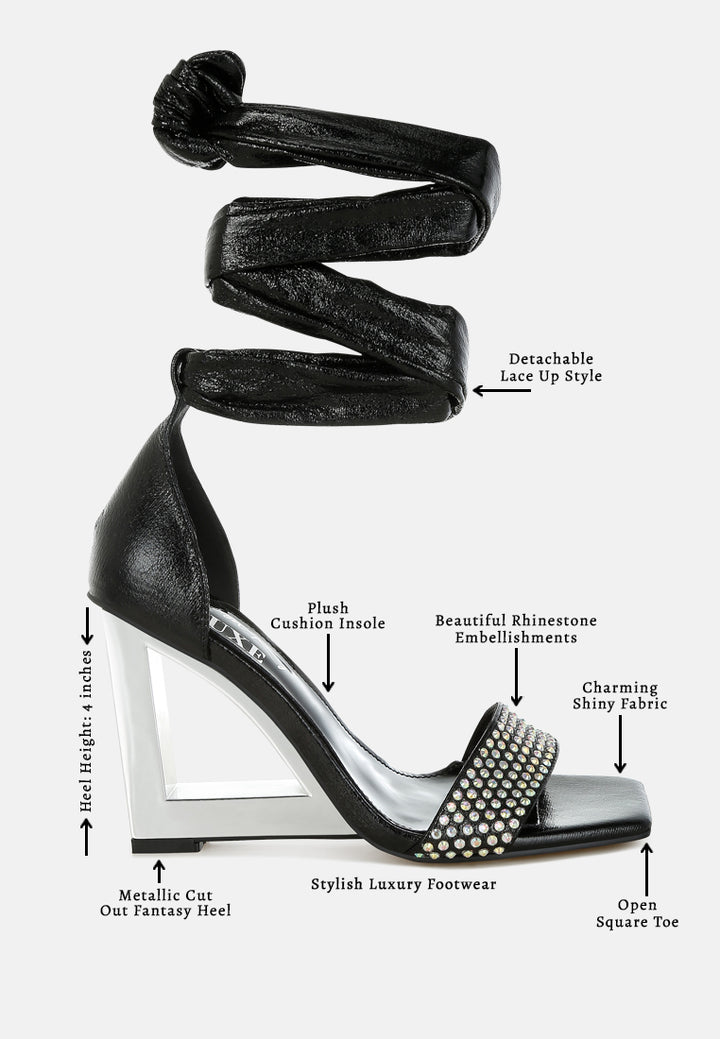 women rhinestone studded lace-up fantasy heels#color_black