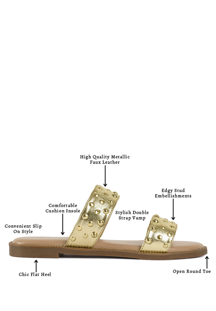 Women Studded Metallic Faux Leather Slip Ons