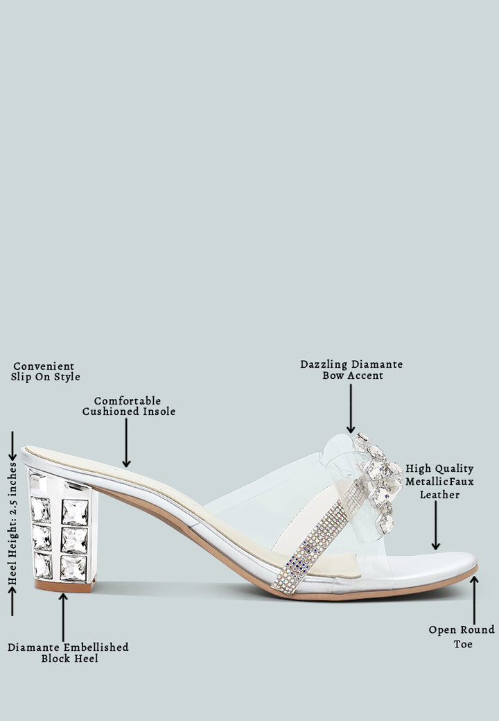 women clear diamante embellished block heels#color_silver