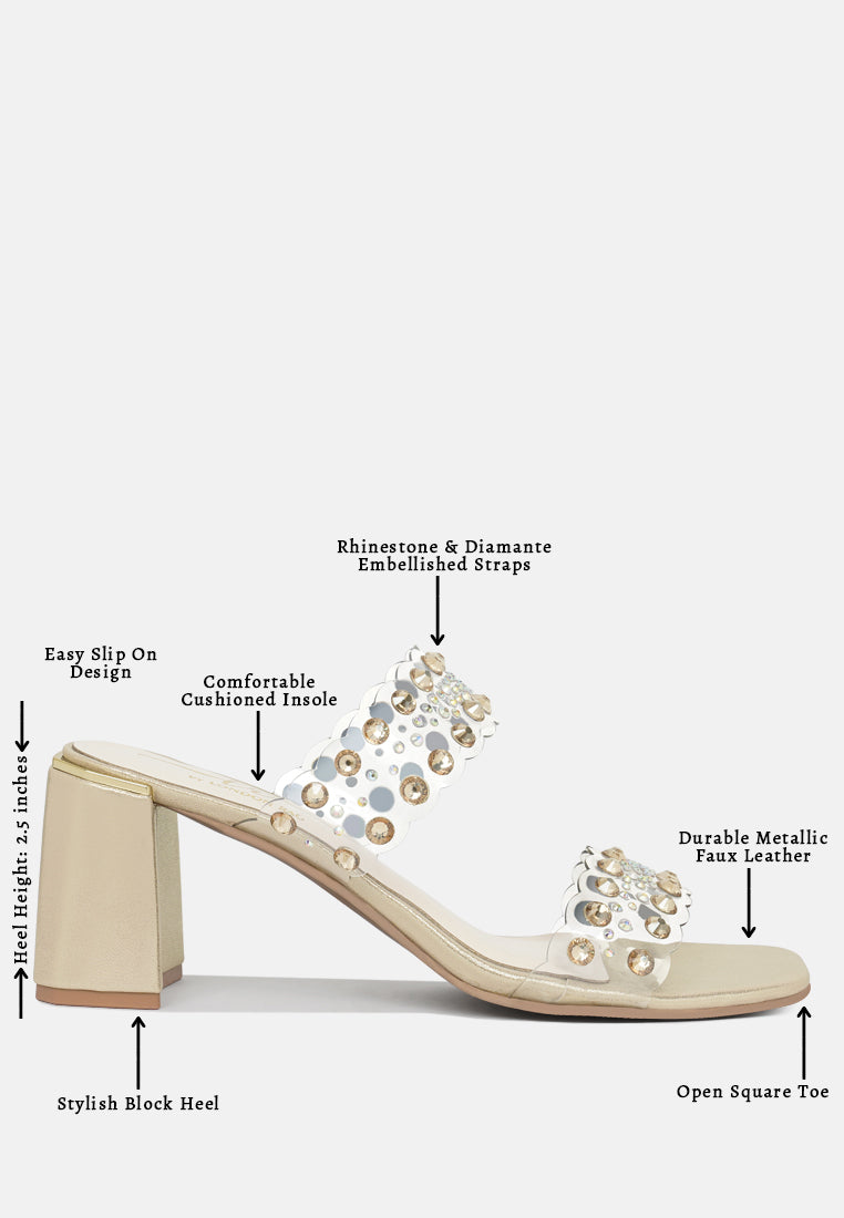 Women Metallic Clear Strap Block Heels