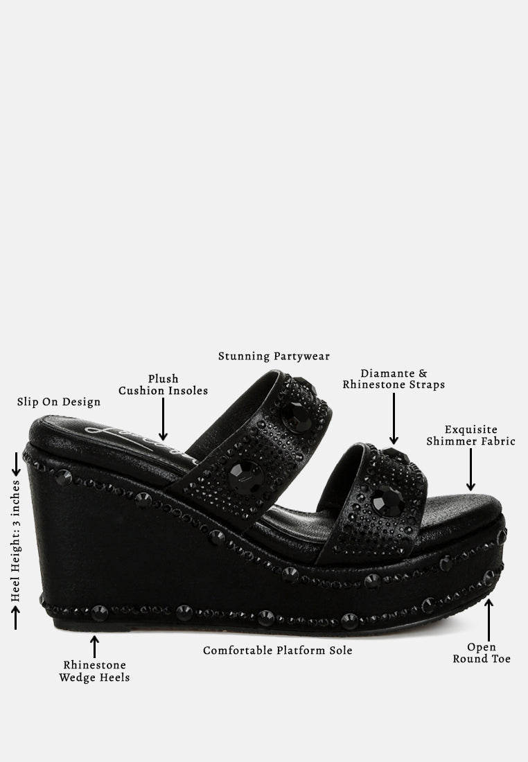 rhinestone & diamante wedge sandals#color_black