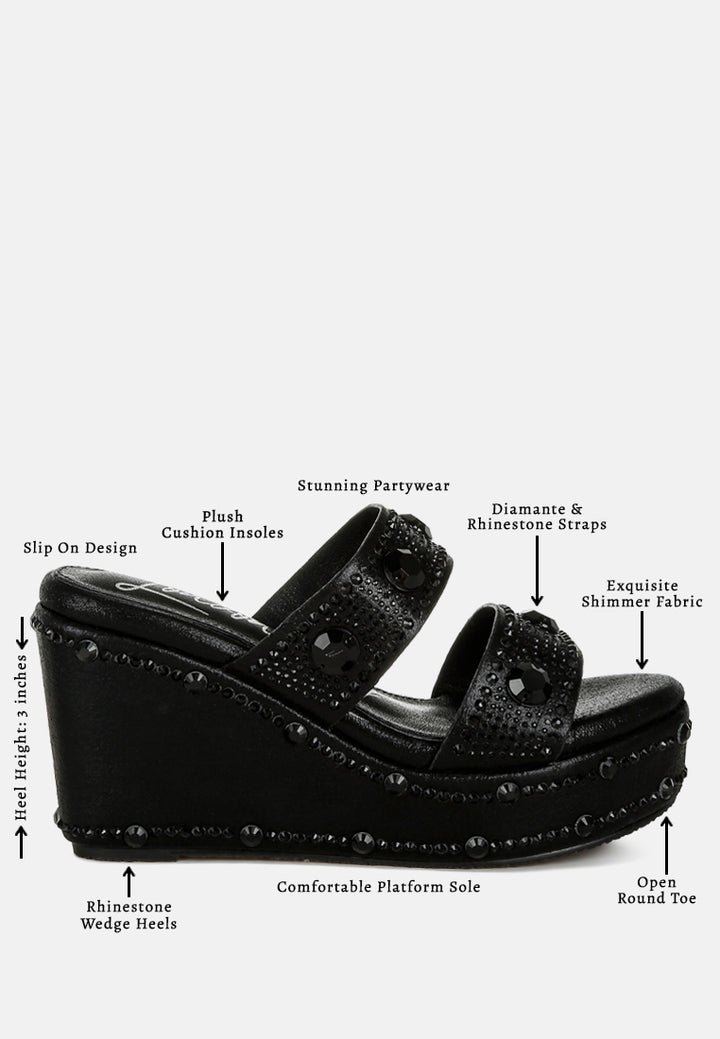 rhinestone & diamante wedge sandals#color_black