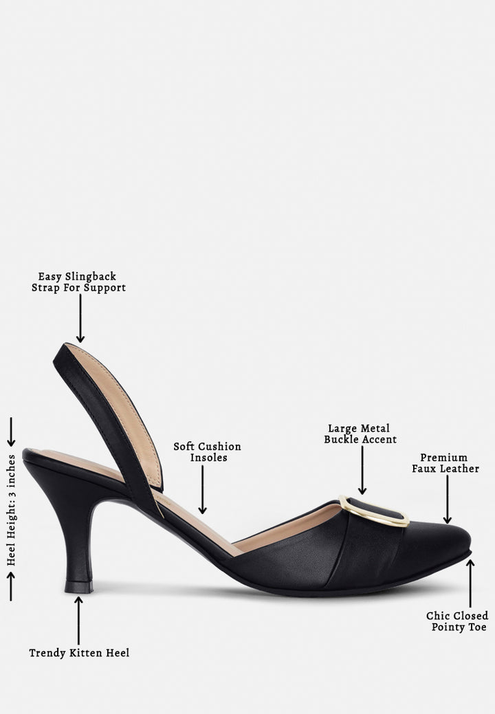 women slingback pointed toe kitten heels#color_black