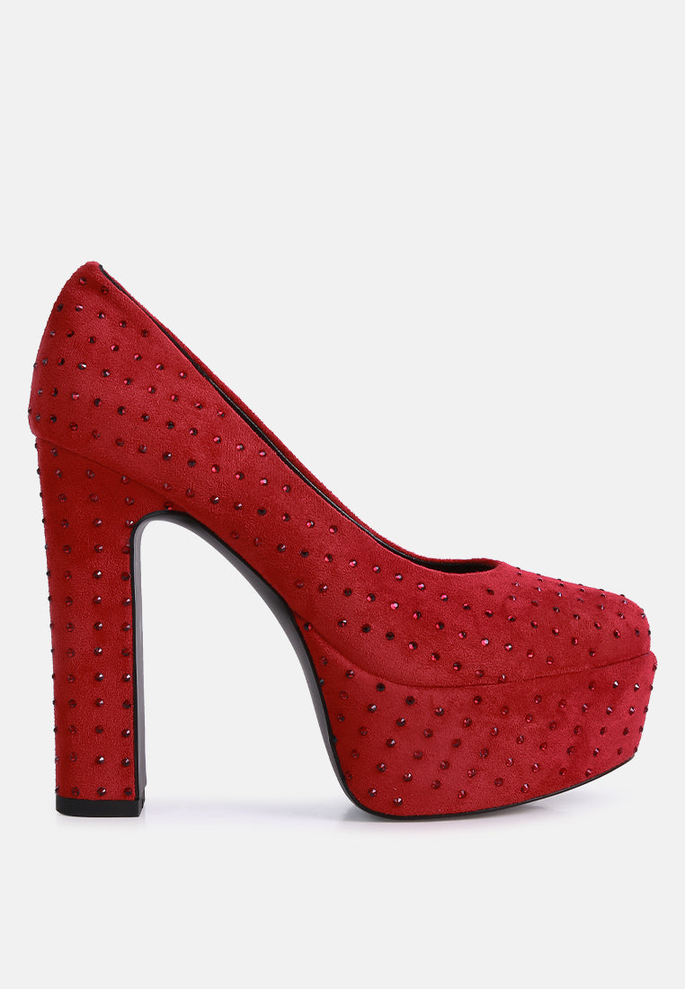 women red diamante platform heel block pumps#color_red