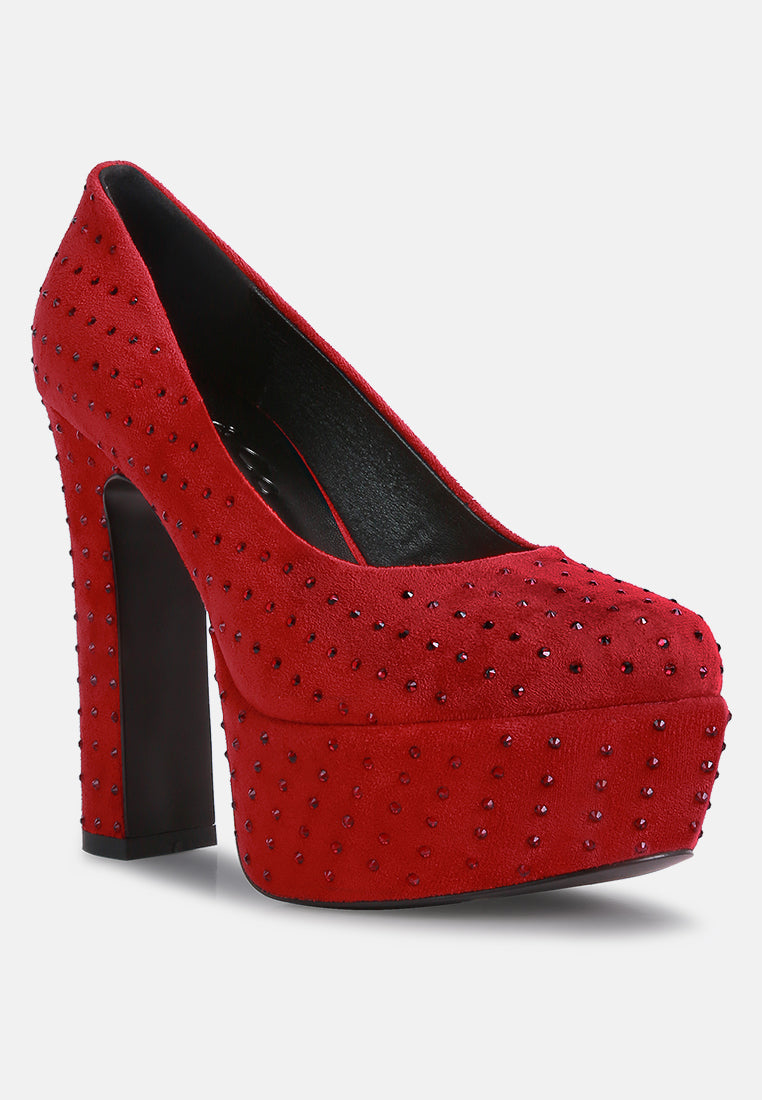 women red diamante platform heel block pumps#color_red