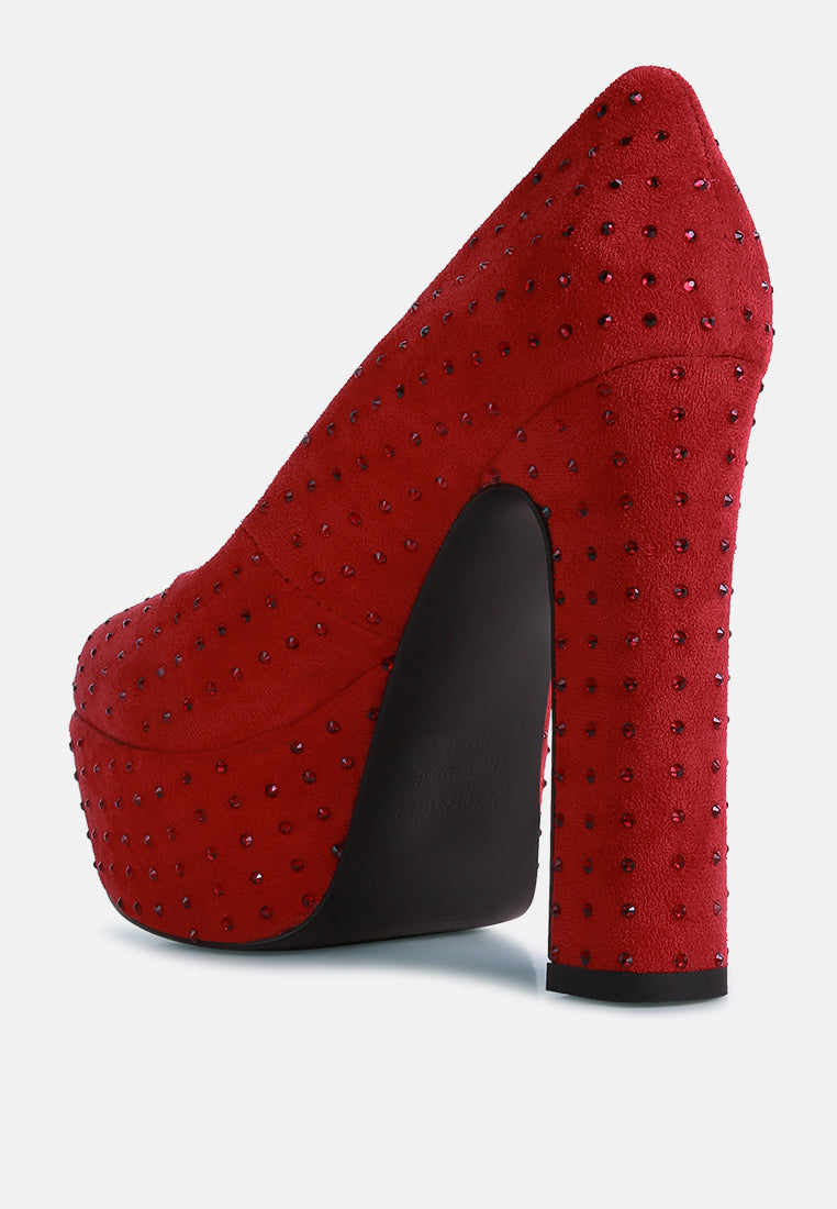 women red diamante platform heel block pumps#color_red