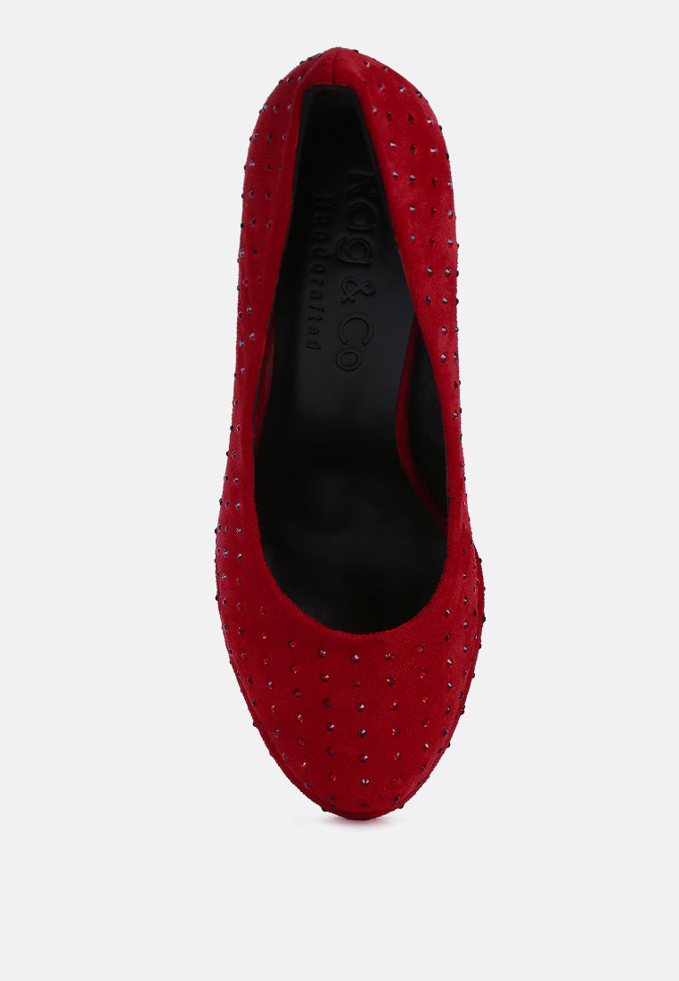 women red diamante platform heel block pumps#color_red
