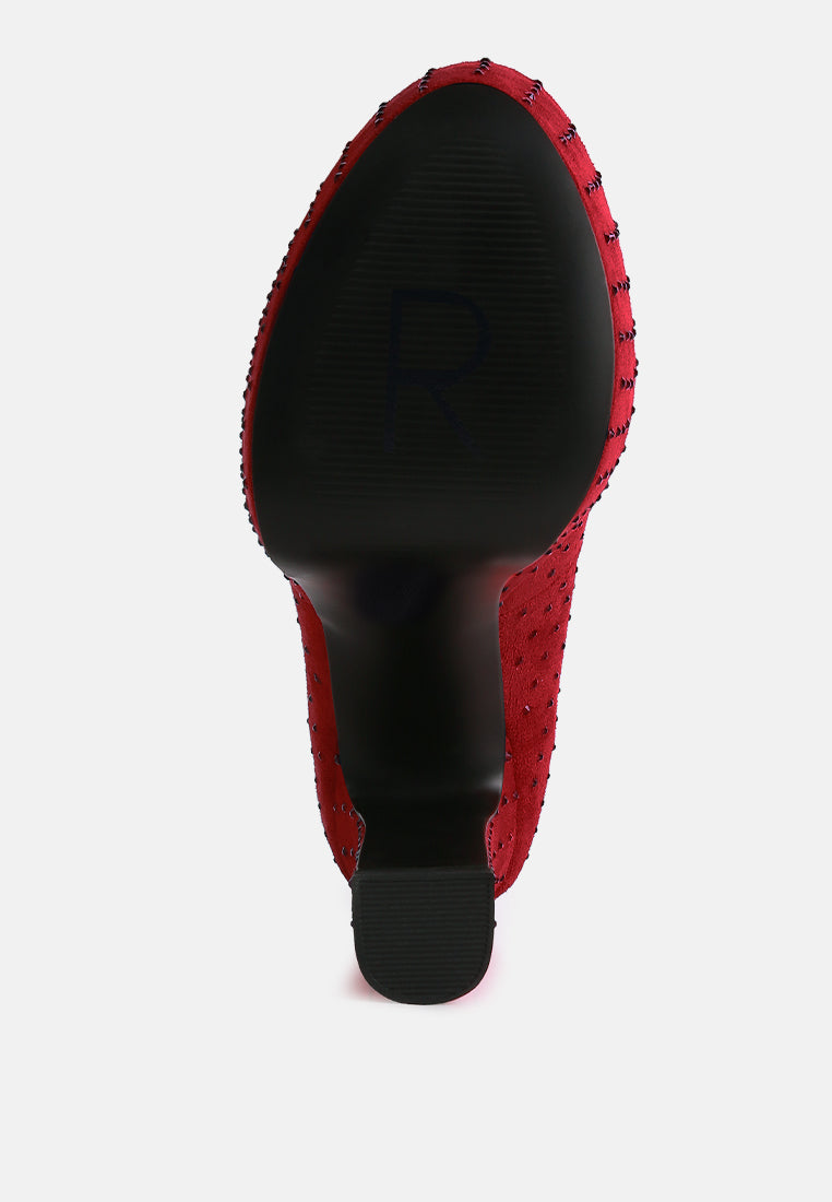 women red diamante platform heel block pumps#color_red