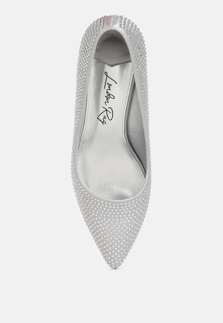rhinestones embellished kitten heel pumps#color_silver