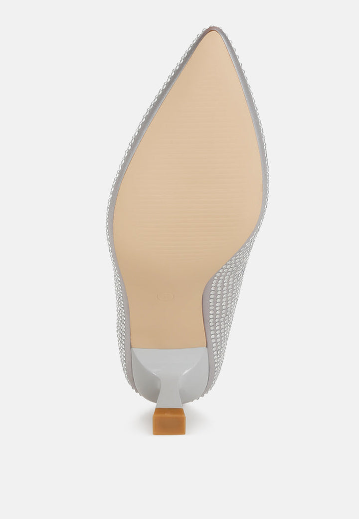 rhinestones embellished kitten heel pumps#color_silver