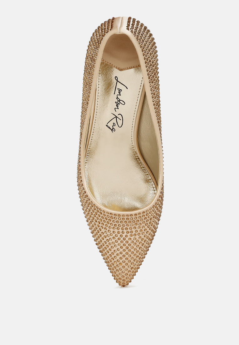 rhinestones embellished kitten heel pumps#color_gold