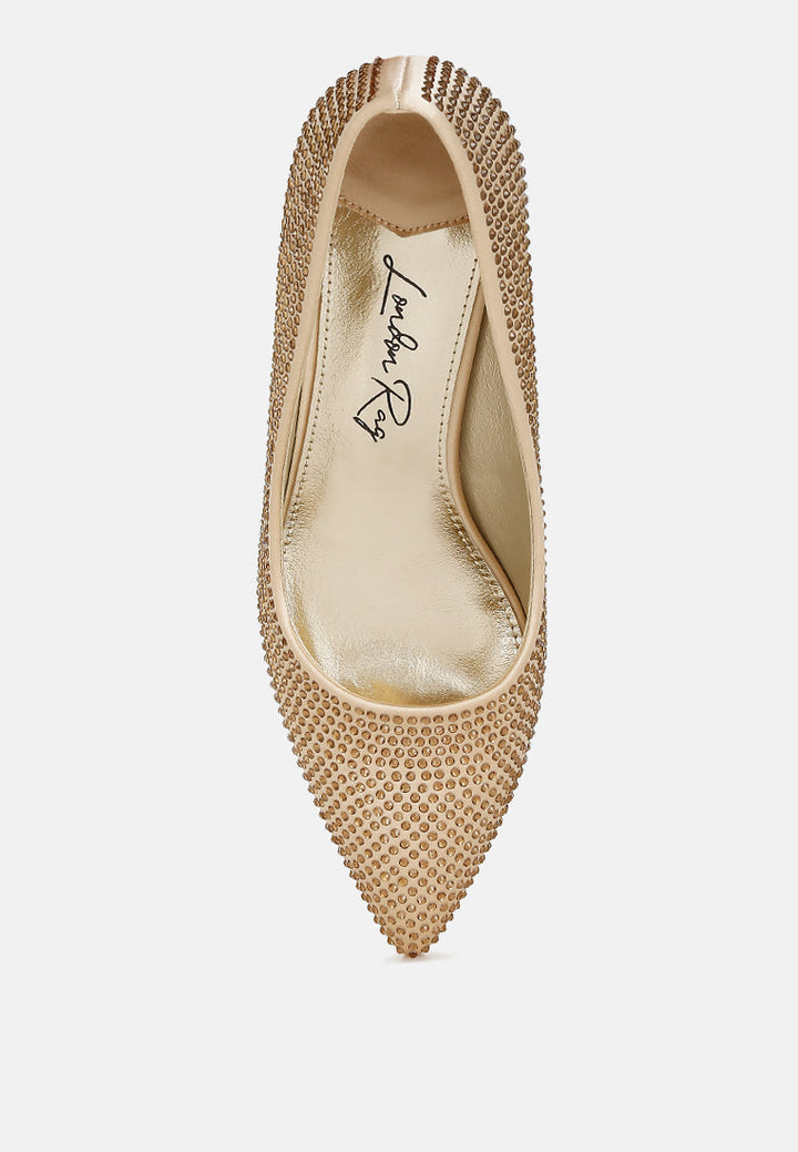 rhinestones embellished kitten heel pumps#color_gold