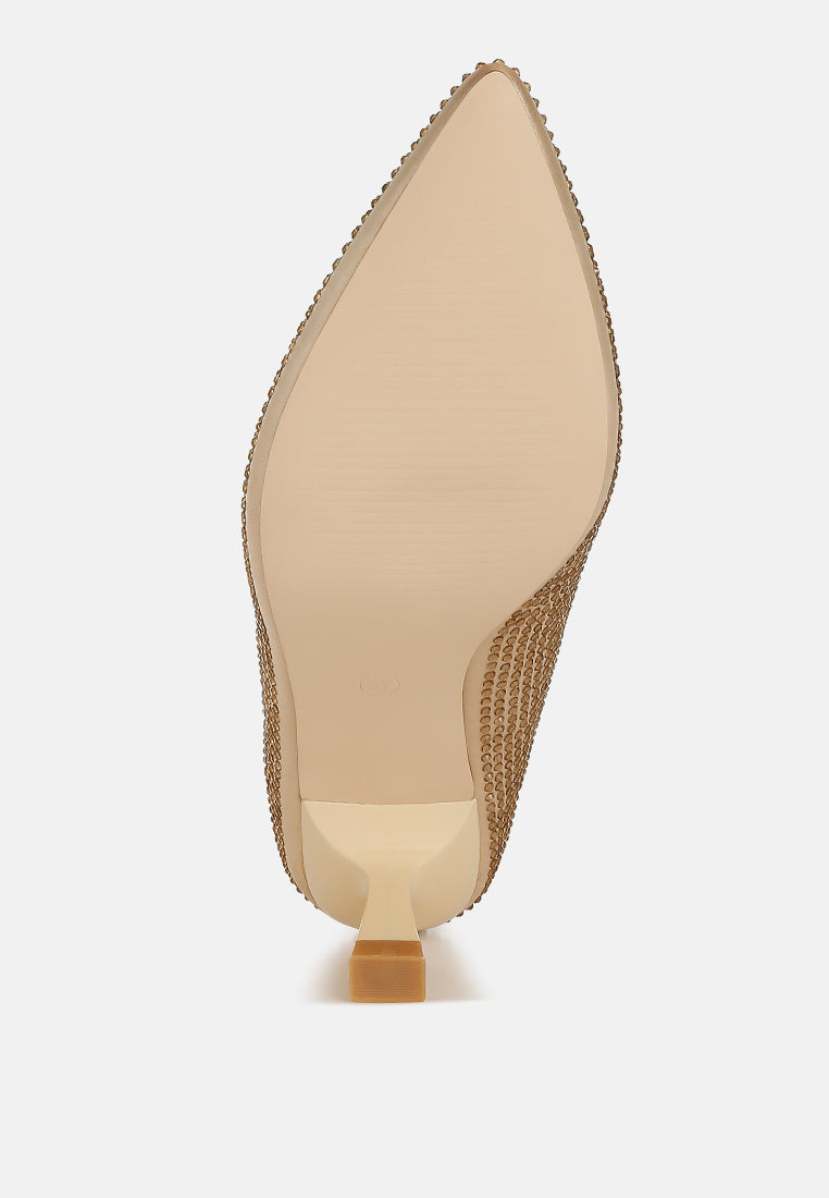 rhinestones embellished kitten heel pumps#color_gold