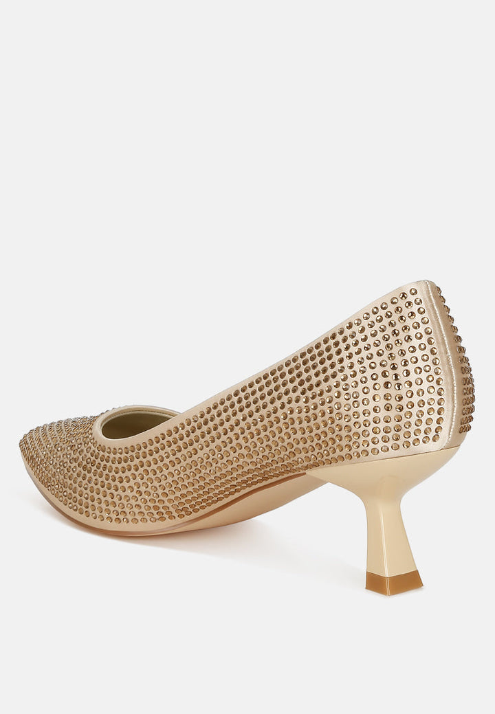 rhinestones embellished kitten heel pumps#color_gold