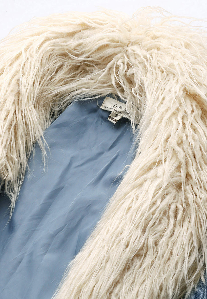 Faux Fur Trim Denim Trench Coat