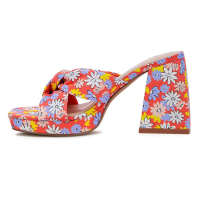 floral triangular block heel sandals#color_red