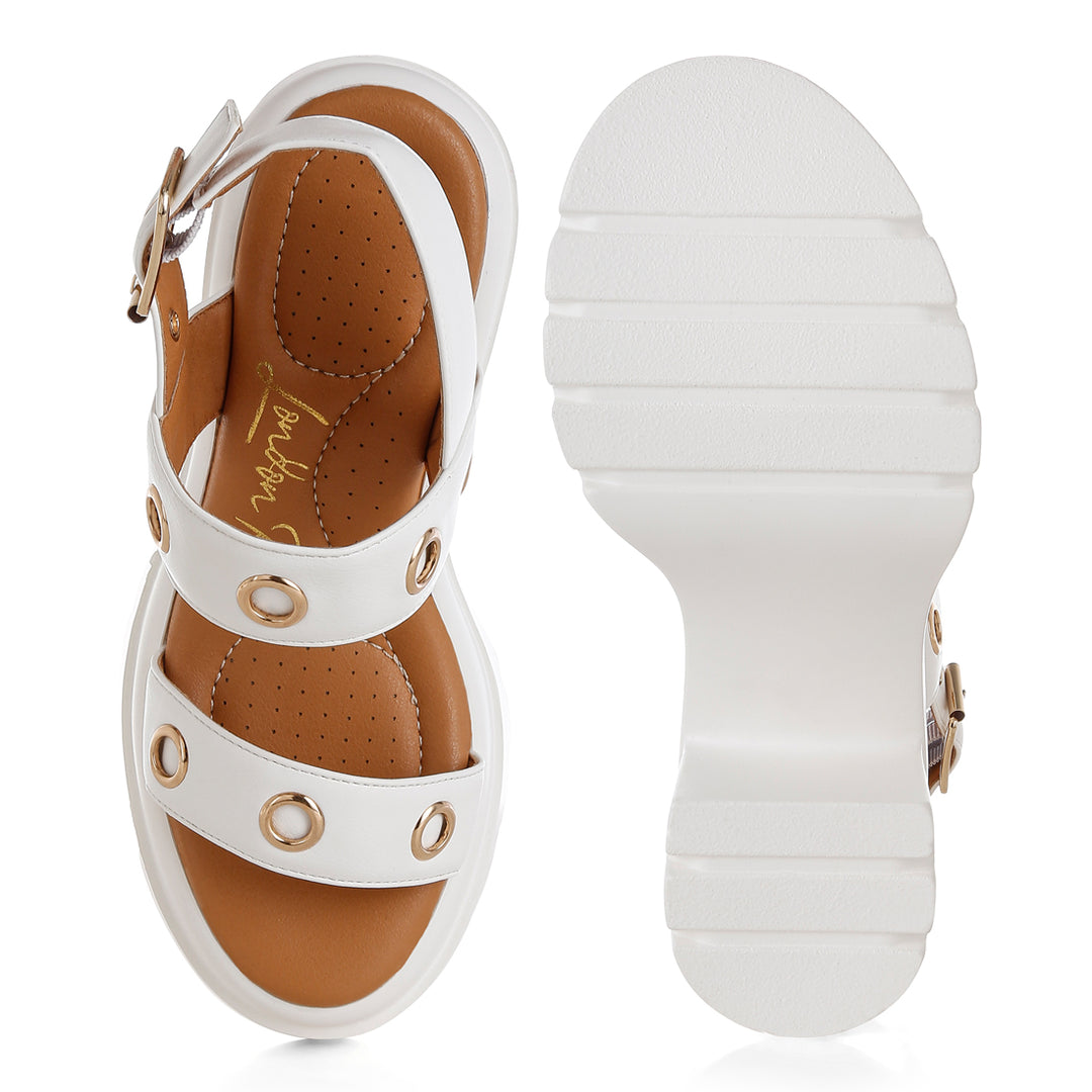 eyelet detail platform heel sandals#color_white