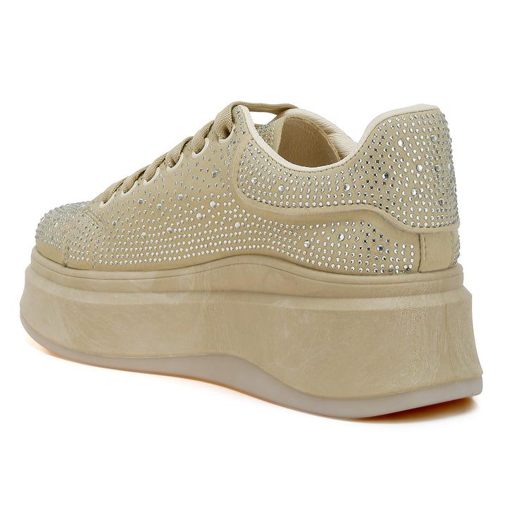 rhinestones embellished chunky sneakers#color_beige