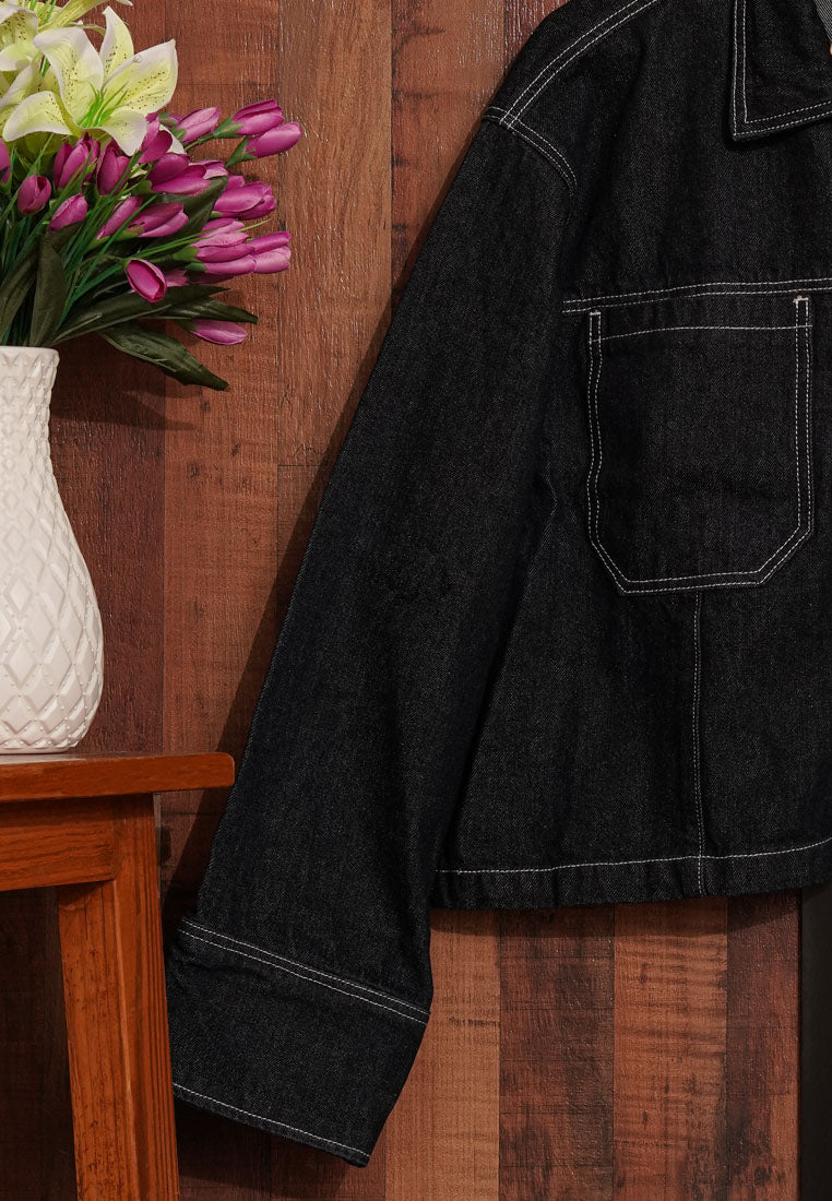 women zip front denim jacket#color_black