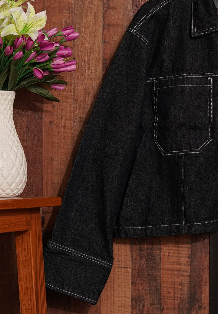 women zip front denim jacket#color_black