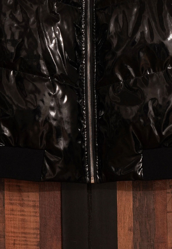 Women Glossy Faux Leather Sleveless Jacket