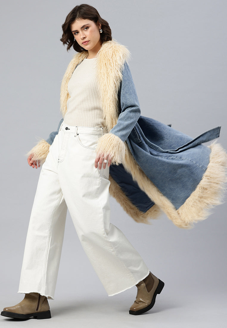 Faux Fur Trim Denim Trench Coat