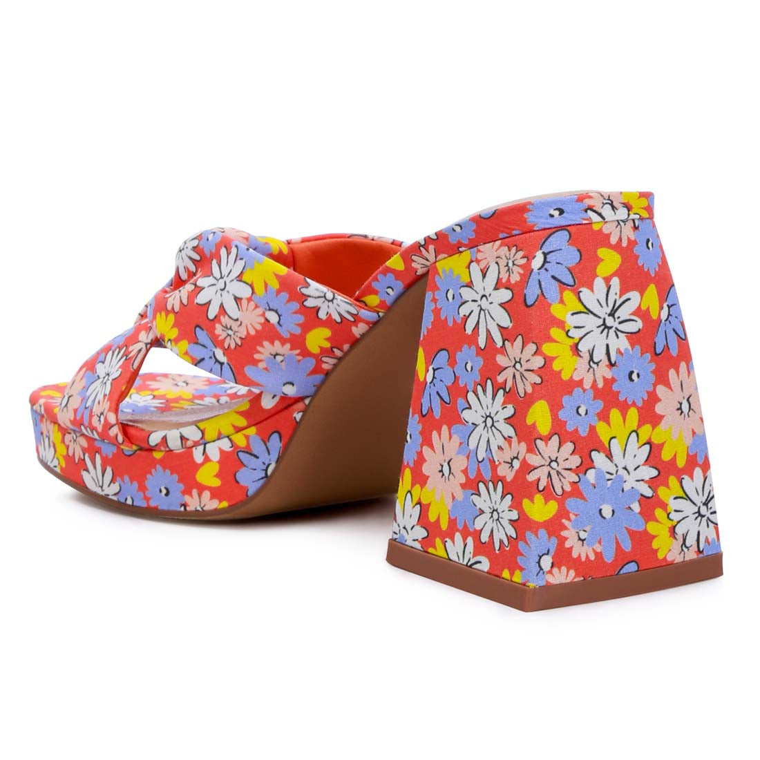 floral triangular block heel sandals#color_red