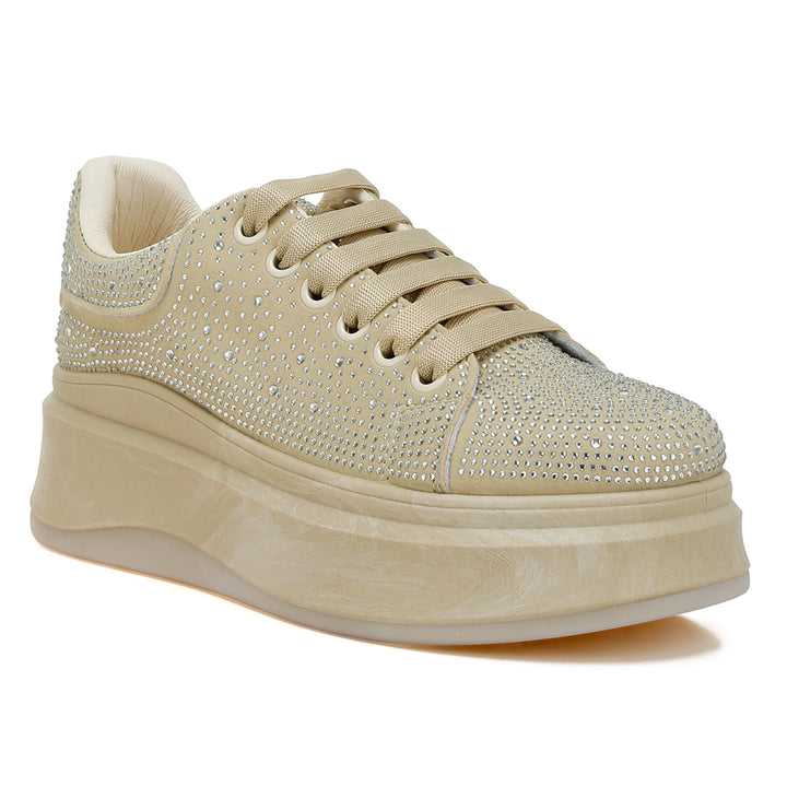 rhinestones embellished chunky sneakers#color_beige