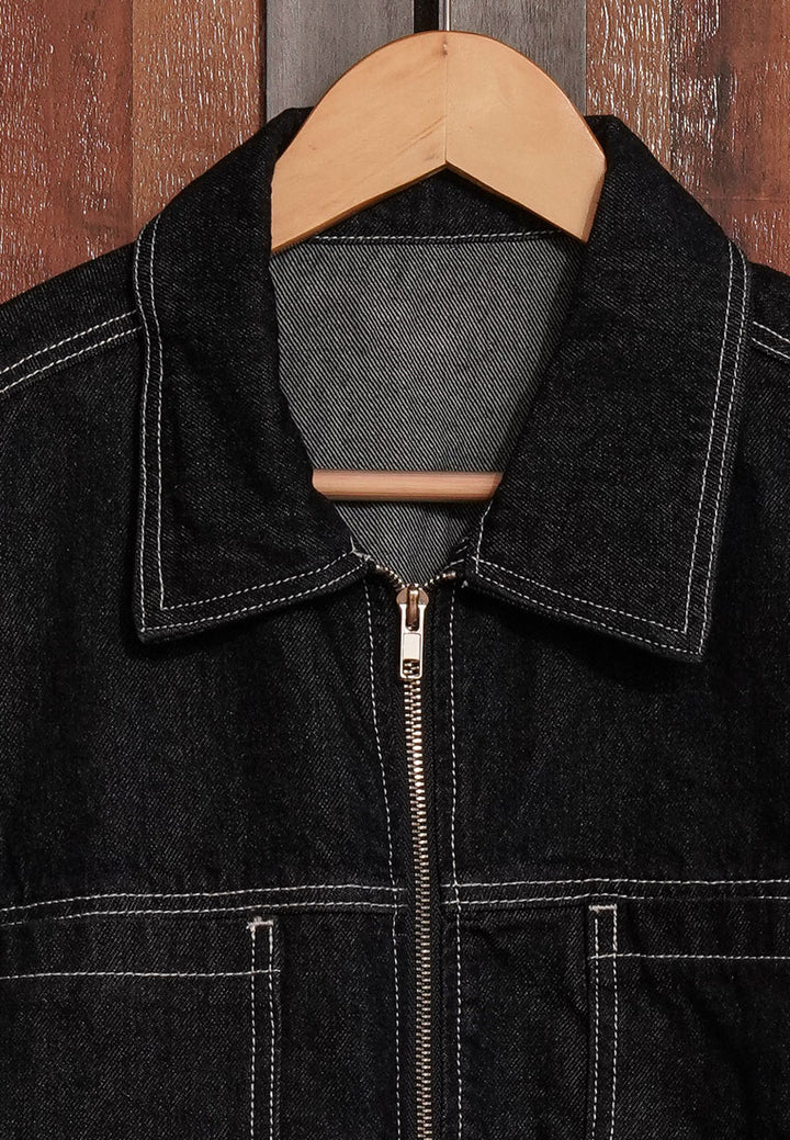 women zip front denim jacket#color_black