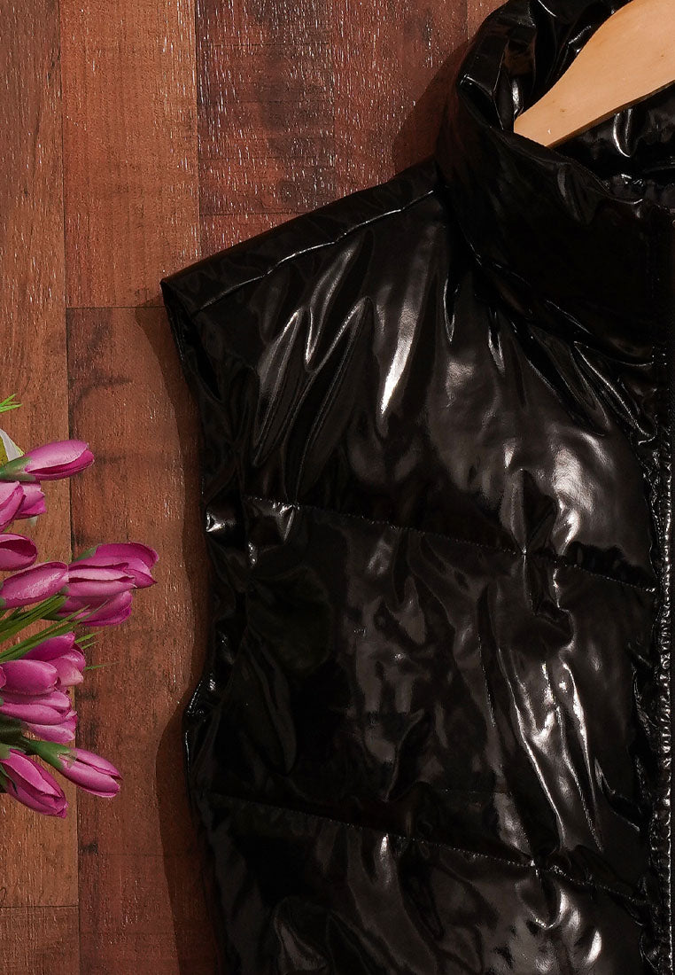 Women Glossy Faux Leather Sleveless Jacket