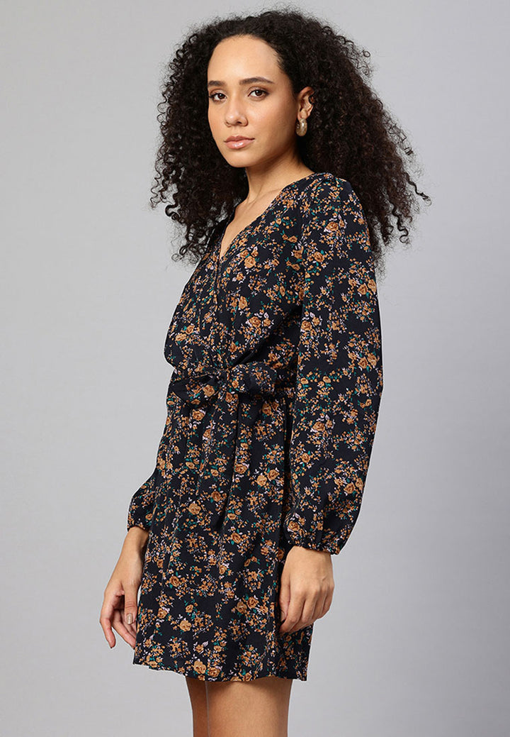 Women Floral Belted Mini Dress