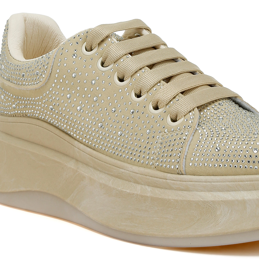 rhinestones embellished chunky sneakers#color_beige