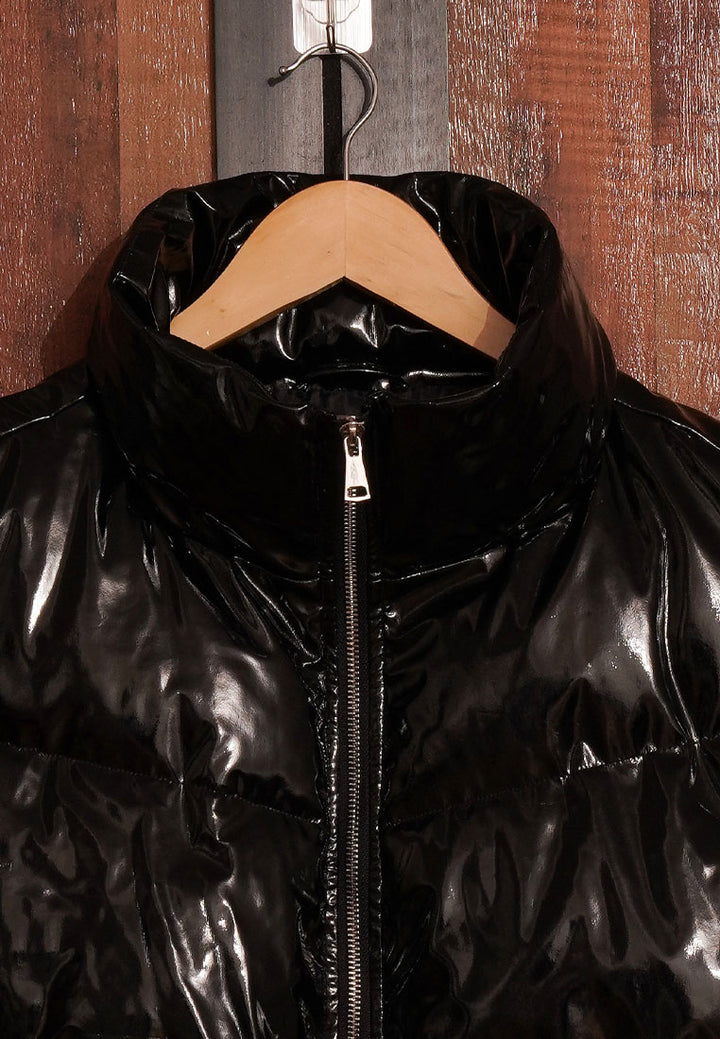 Women Glossy Faux Leather Sleveless Jacket